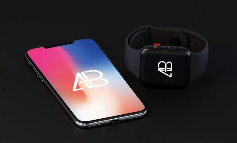 iPhone X with Apple Watch (Series 3) Mockup