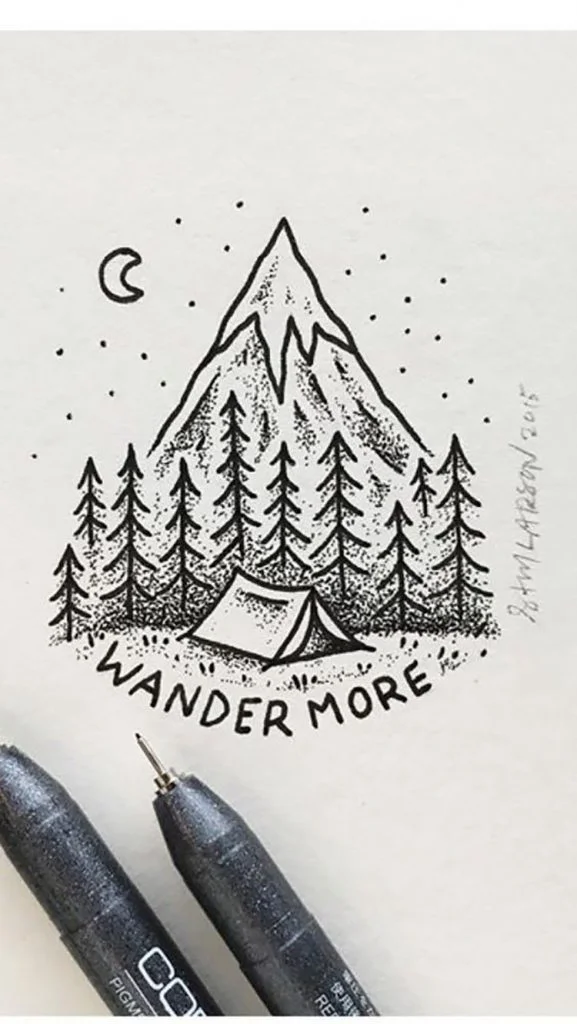 easy sketches to draw - CAMPING GROUND AND MOUNTAINS