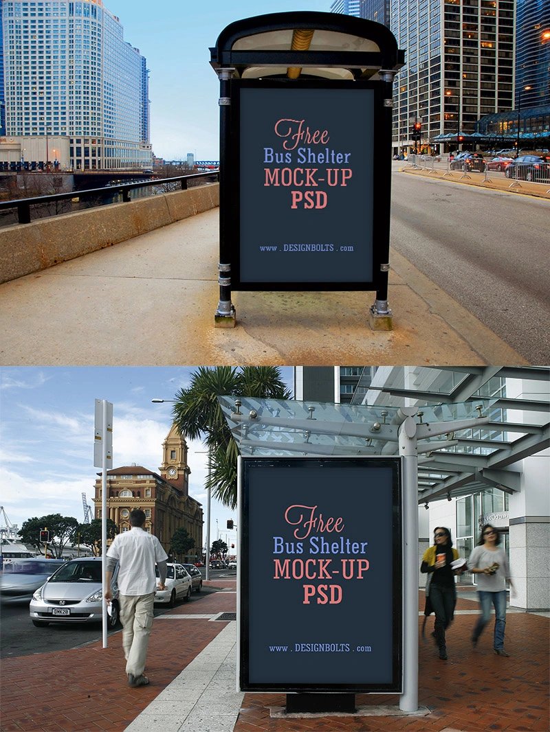 2 Bus Stop OOH Advertising Mockup Scenes - Free PSD